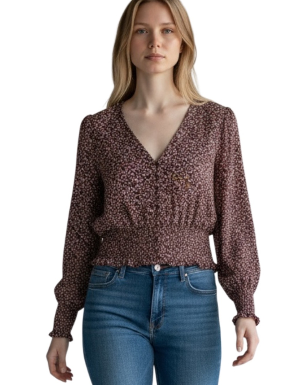 Abercrombie & Fitch Brown Floral V-Neck Smocked Waist Blouse